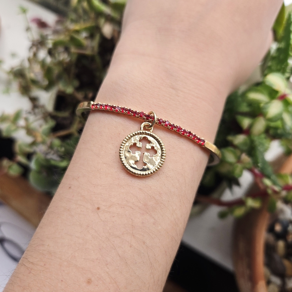 Dainty Gold & Red Gemstone Bangle Cross Crucifix Bracelet